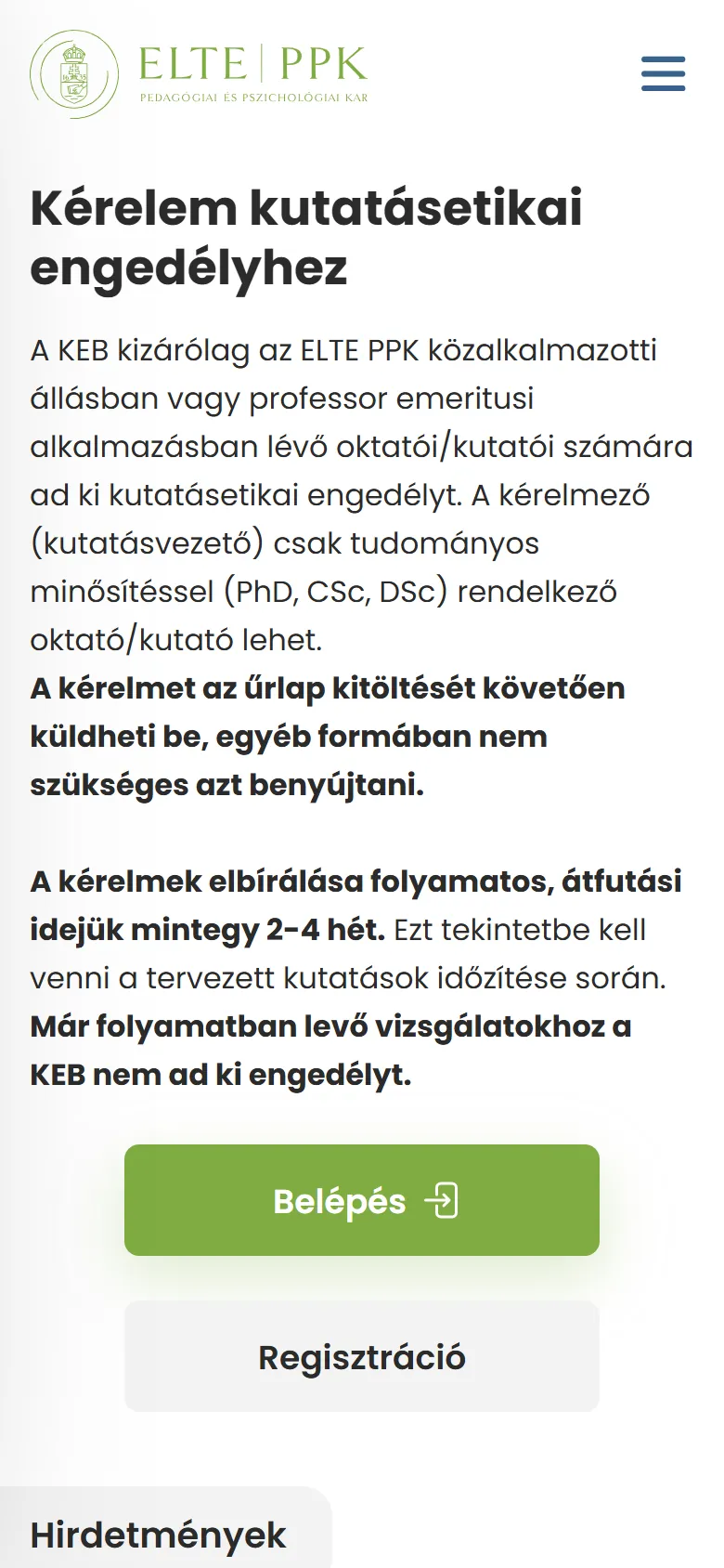 A nyitóoldal mobilon