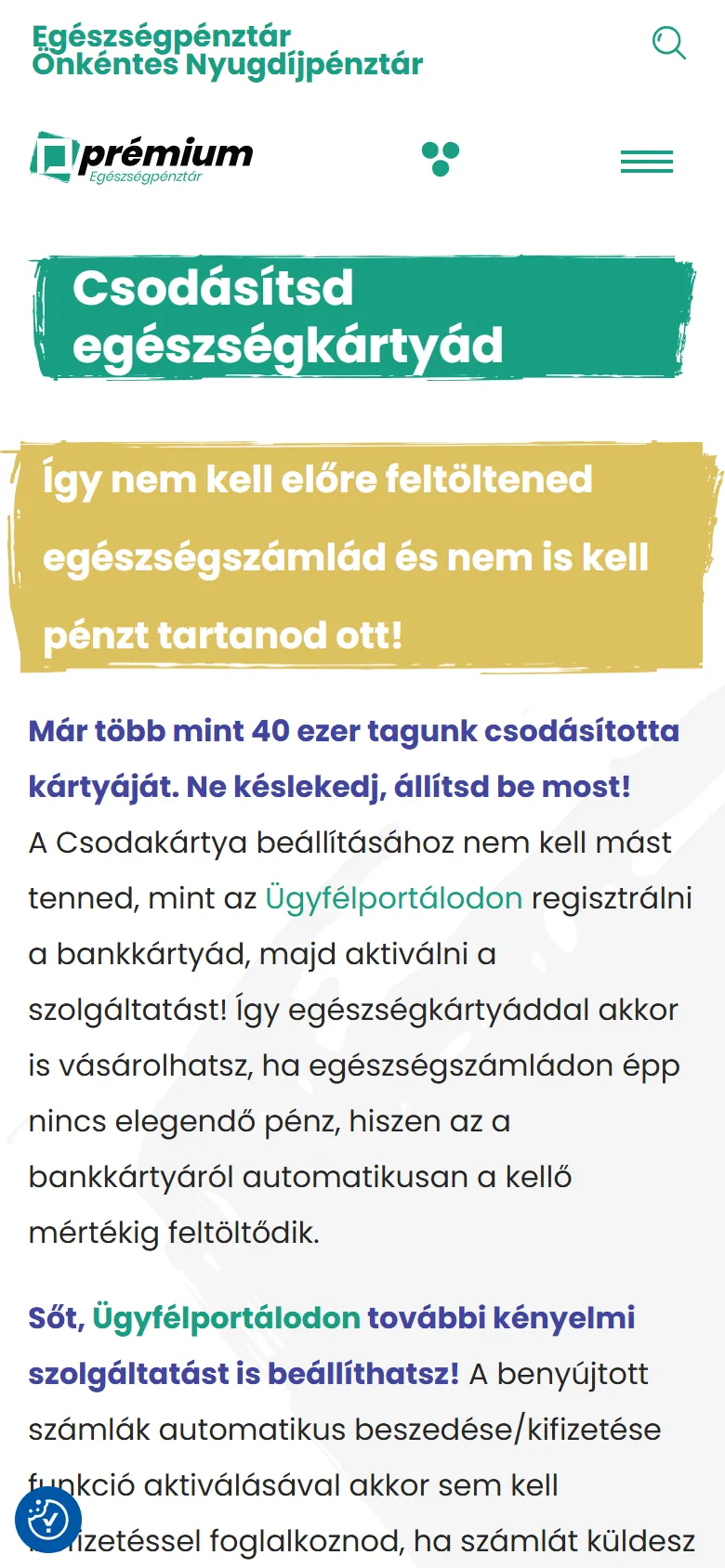 Csodakártya oldal mobilon